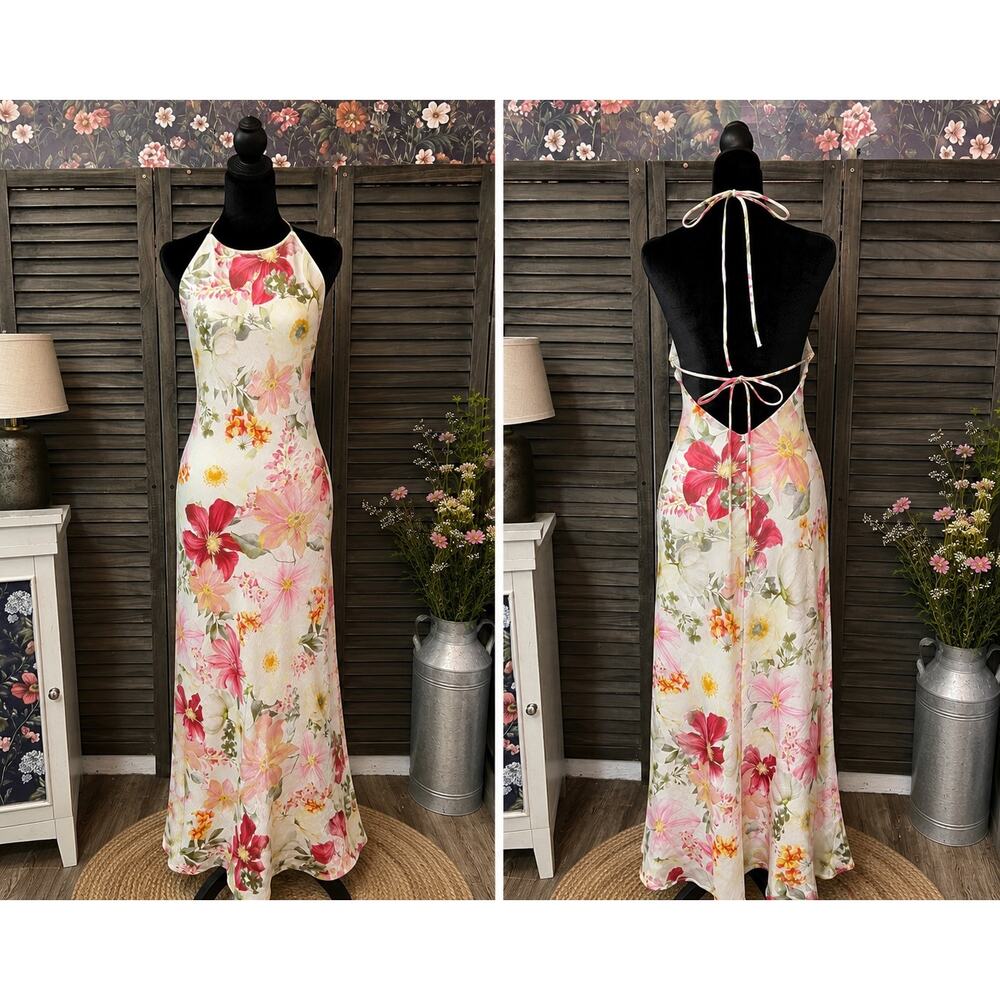 Lulus Sidney Ivory Multi Floral Halter Maxi Dress XL NWT Open Back Side Zip - Picture 2 of 11